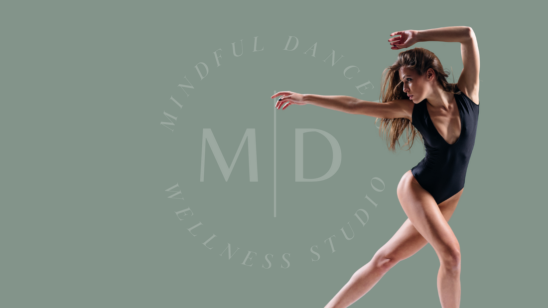 Female dancer wearing black leotard dancing. Mindful Dancers logo in background.