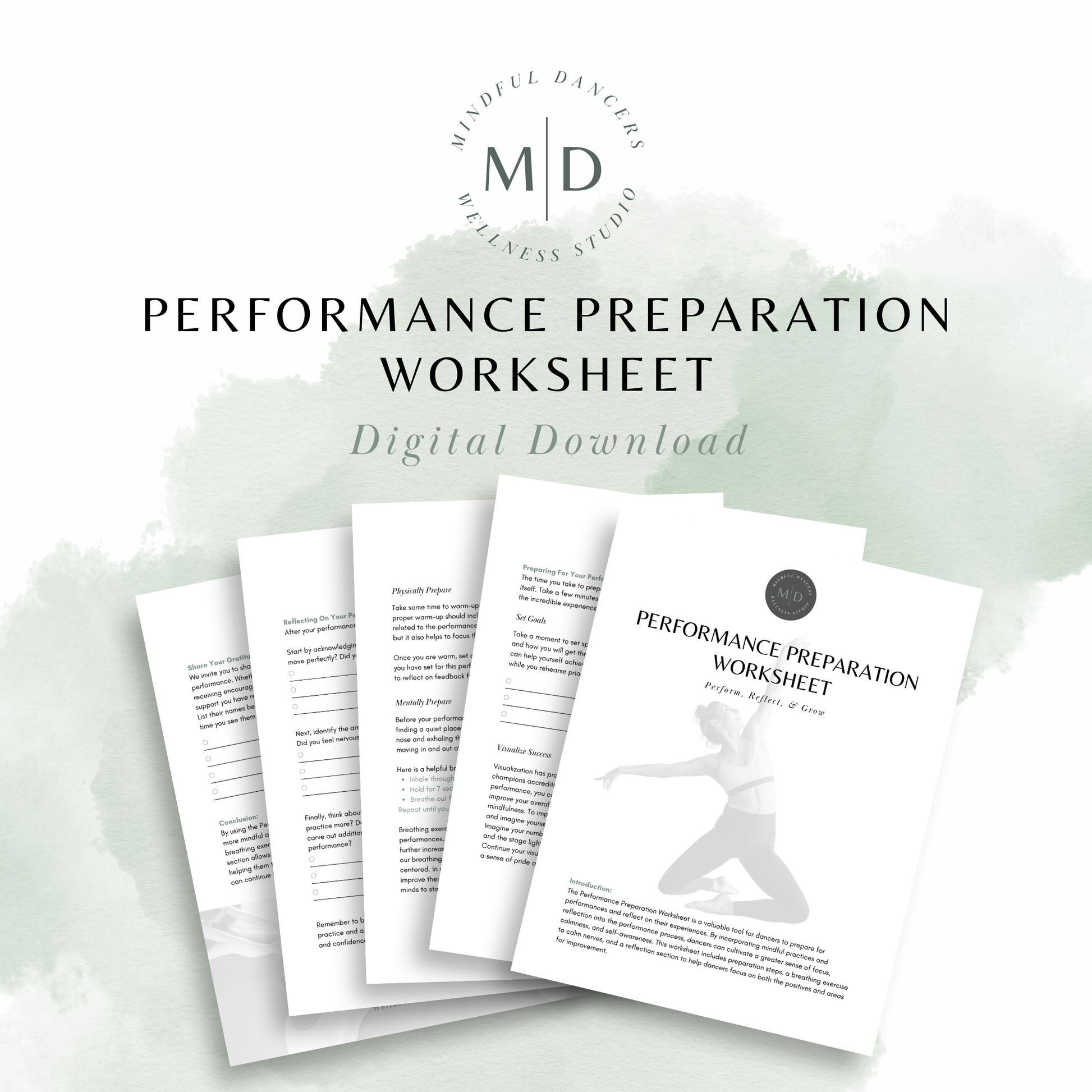 5 page Mindful Dancers Performance Preparation Worksheet for dance teachers and dancers